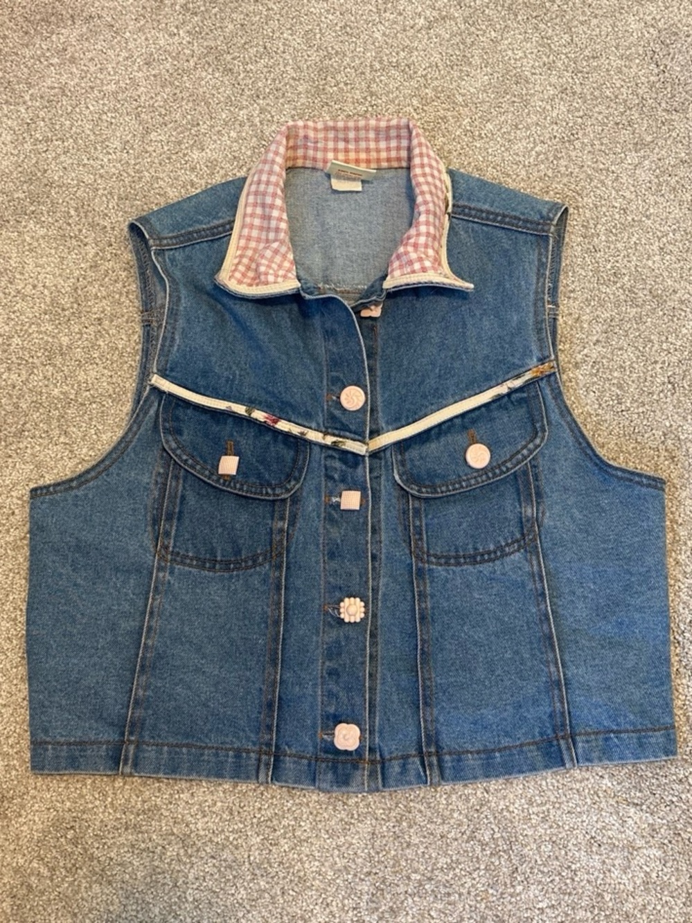Vintage Romeo Romeo - Denim Vest with Pink Gingham Collar & Floral Trim Detail